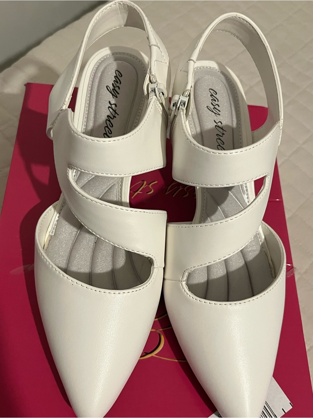 easy street White Pointed-Toe Slingback Heels with Crisscross Straps